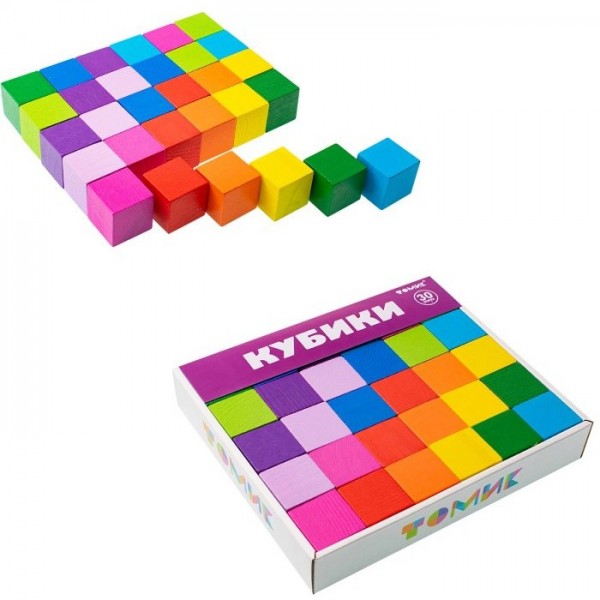 Деревянные кубики Цветные 30 штук 1-45