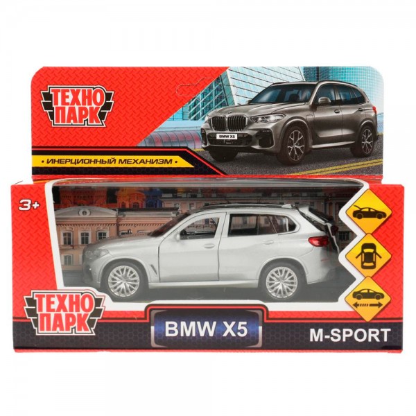 Модель X5-12-SR BMW X5 M-SPORT 12 см, двери, багаж, инерц, серебристый Технопарк  в коробке