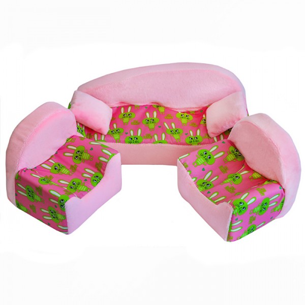 Мебель мягкая Диван+2 кресла+2подушки Кролики розовые с розовым плюшем НМ-002/2-31