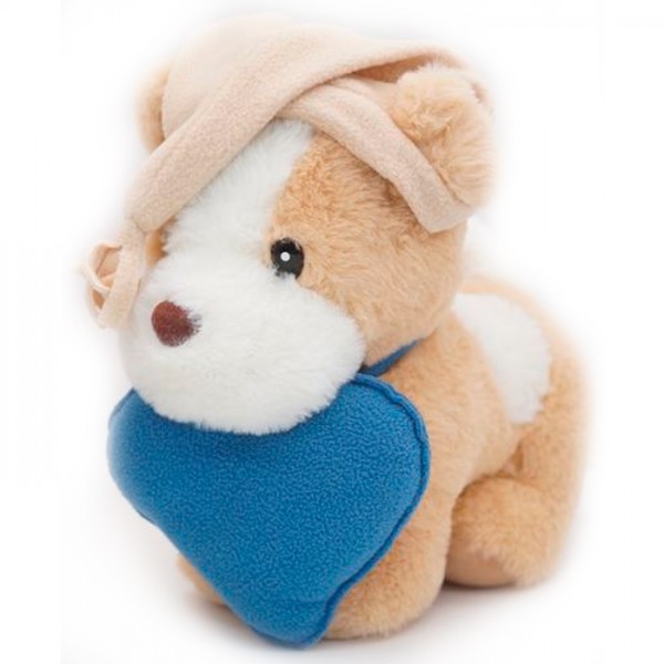 Мягкая игрушка Щенок Оскар 20/25 см с голубым сердцем и в бежевом колпаке с кисточкой 0709020-57-60