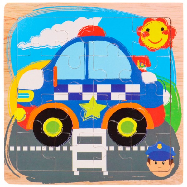 Деревянный Пазл-рамка Полицийский автомобиль 16 элементов 14,5х14,5 см ИД-0130