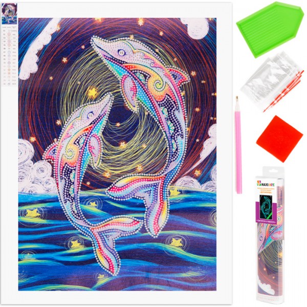 Набор для творчества Картина Стразами на Холсте Светится в Темноте Дельфины 25х35см MA-KN0101-7